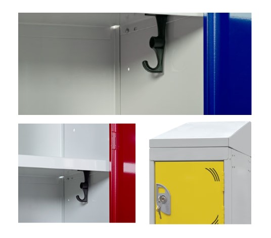 Shelves, coat hook and sloping top