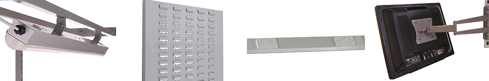 Light rail, louvred back panel, service duct, monitor support arm