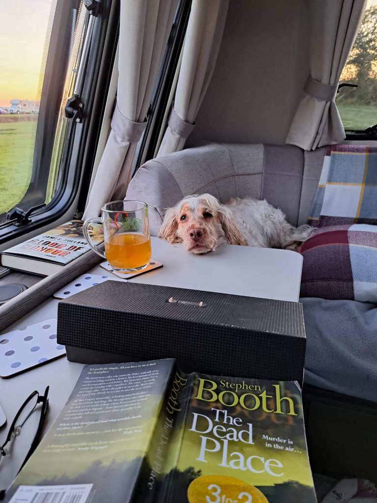 Caravan with dog and book