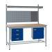 KIT D: Square Tube Workbench - Beech Top H.840 W.1200 D.750 - Storage Cupboard, Triple Drawer Unit, 760mm Rear Support Posts, Louvre Panel & Laminate Upper Shelf - Blue Fronts