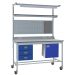 KIT F: Mobile Square Tube Workbench - Laminate Top H.840 W.1500 D.750mm - Storage Cupboard, Triple Drawer Unit, 1180mm Rear Support Posts, Service Duct Worktop Fitting, Light & Tool Rail, 3 Setting LED Light, Louvre Panel & Lam Upper Shelf - Blue fronts