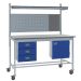 KIT D: Mobile Square Tube Workbench - Laminate Top H.840 W.1200 D.750mm - Storage Cupboard, Triple Drawer Unit, 760mm Rear Support Posts, Louvre Panel & Laminate Upper Shelf - Blue fronts